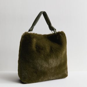 Khloe Faux Fur Oversized Handbag – Khaki