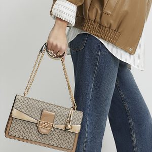 Brown Monogram Panelled Gold Chain Shoulder Bag