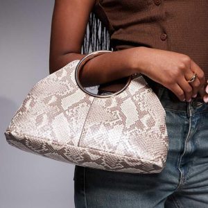 Beige Snake Ring Handle Clutch Bag